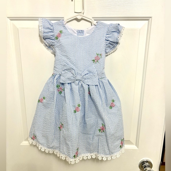 Rare Editions Blue and White Striped Dress with Floral Accents - Picture 1 of 3